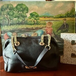 Versace Black Leather Handbag with Gold Chain Straps